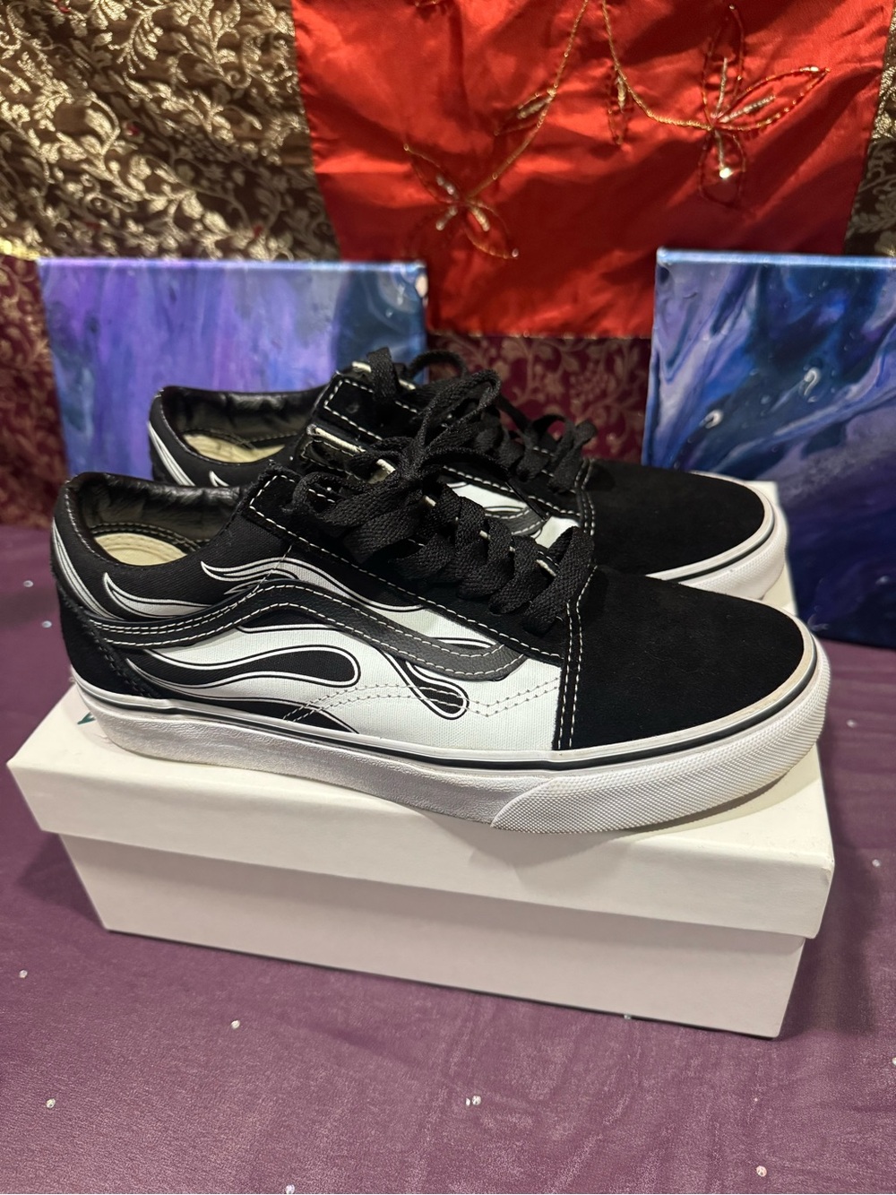 Vans Black & White Flame-Trim Old Skool Skate Sneakers Women 7.5